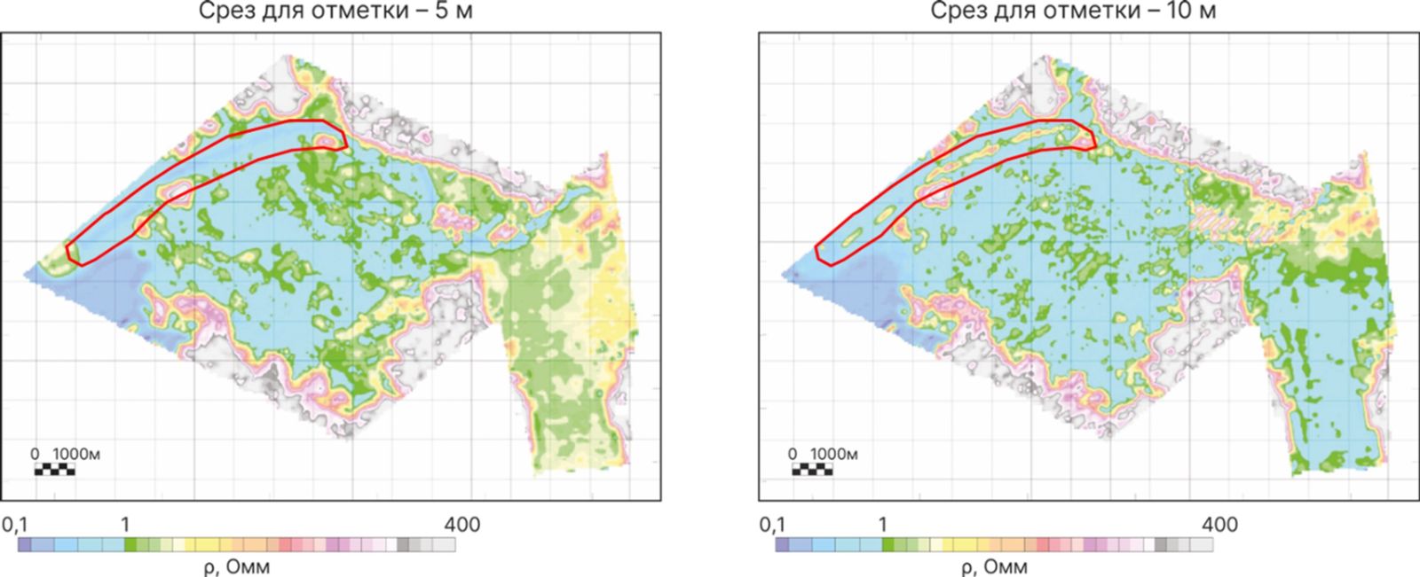 Рисунок 3. Горизонтальные срезы массива удельного сопротивления по результатам 1-D инверсии